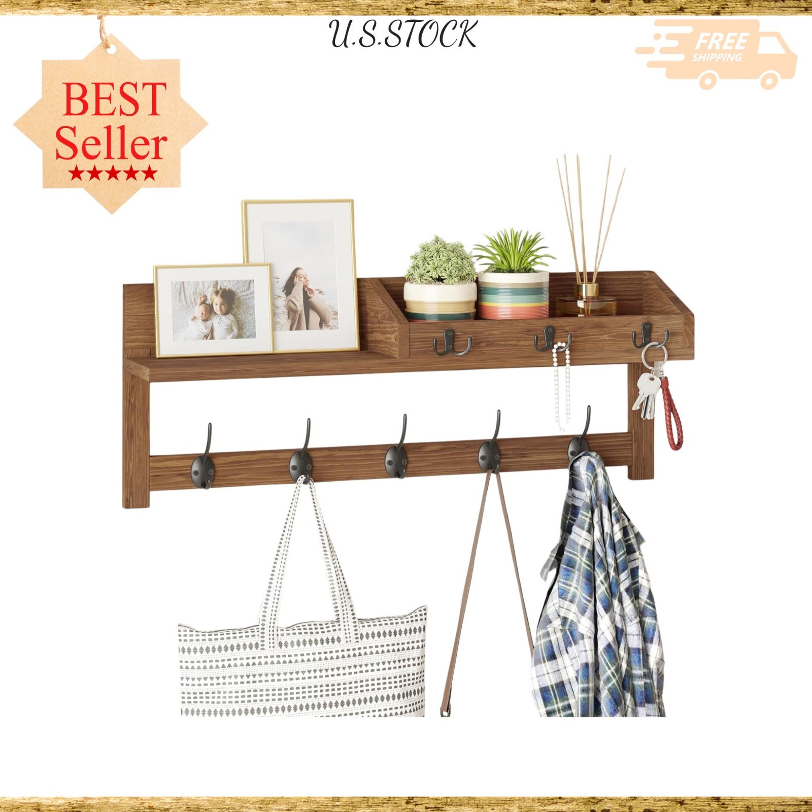 Wall Hooks with Shelf 26.57in, Entryway Wood Coat Rack, 5 Dual Hooks