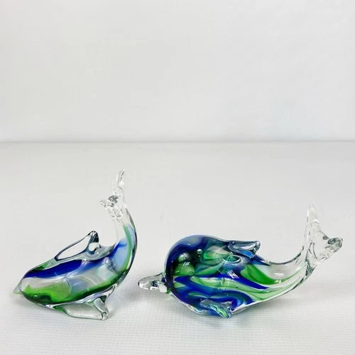 2 Murano Style Art Glass Blue Green Clear Dolphin Figurines Paperweight Vintage