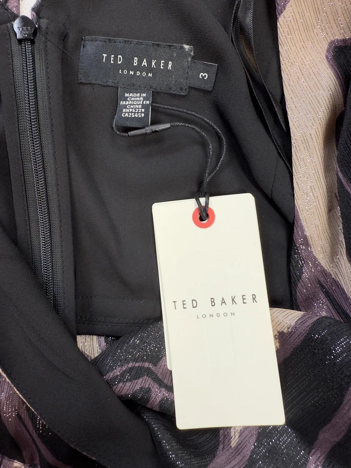 Blusa Ted Baker Mujer Mediana Negra Beige Púrpura WMB JASMYNA Volantes Cuello en V Top Foto 4 de 4