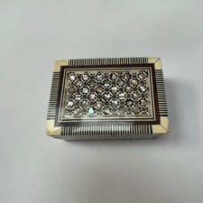 Inlaid mother of pearl & bone mosaic trinket box Egyptian Beech wd 3.75x1.75x2.5