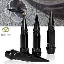 4 Pcs Black Long Spike Valve Stem Caps Metal Thread Set For Car SUV Wheel Tires