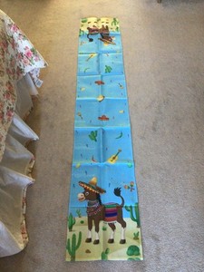 Happy Mexican Fabric Table Runner 13x75”Donkey w sombrero,peppers,Guitars 13x75”
