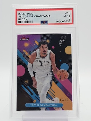 VICTOR WEMBANYAMA 2025-26 TOPPS FINEST COMMON BLACK 15/15 #98 SPURS PSA 9 Q6960