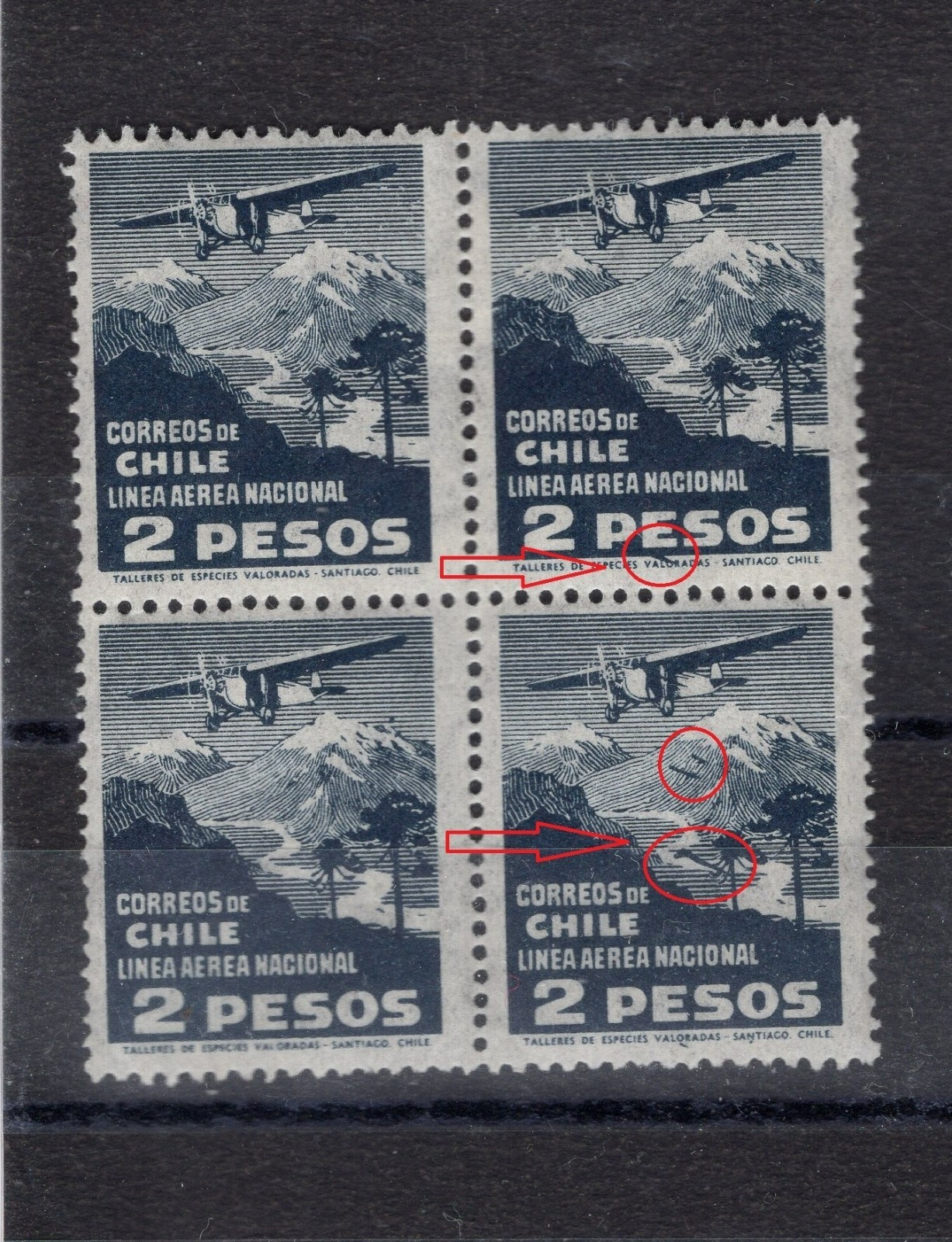 CHILE 1931 airmail 2 pesos Sc.C28 block of 4 ERROR VARIETY L7