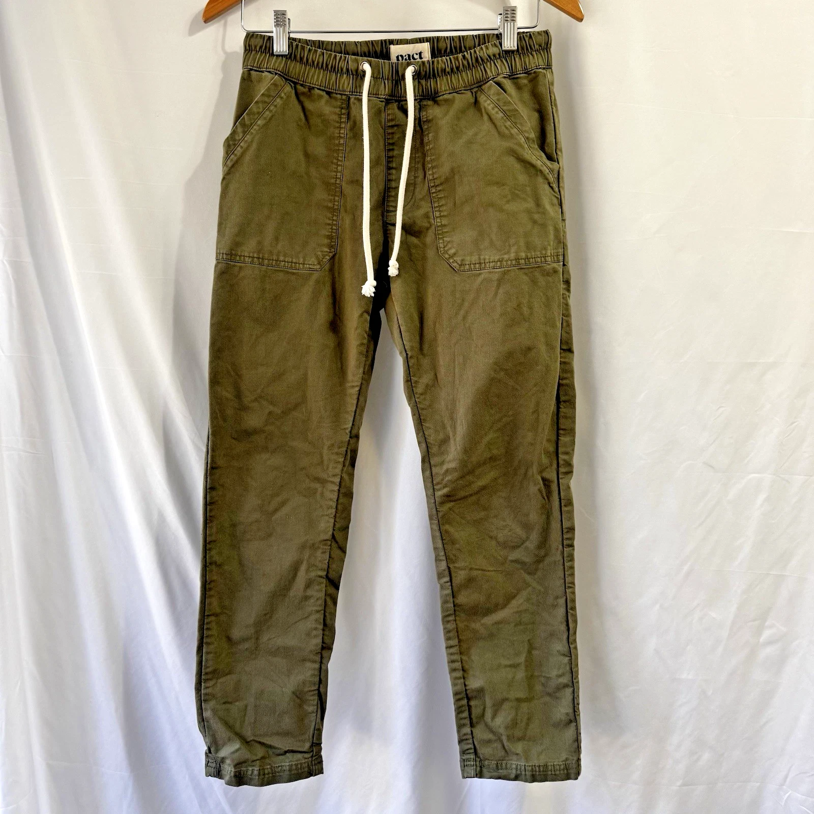 Pact Womens Organic Cotton Straight Leg Crop Drawstring Pants Green Sz Small
