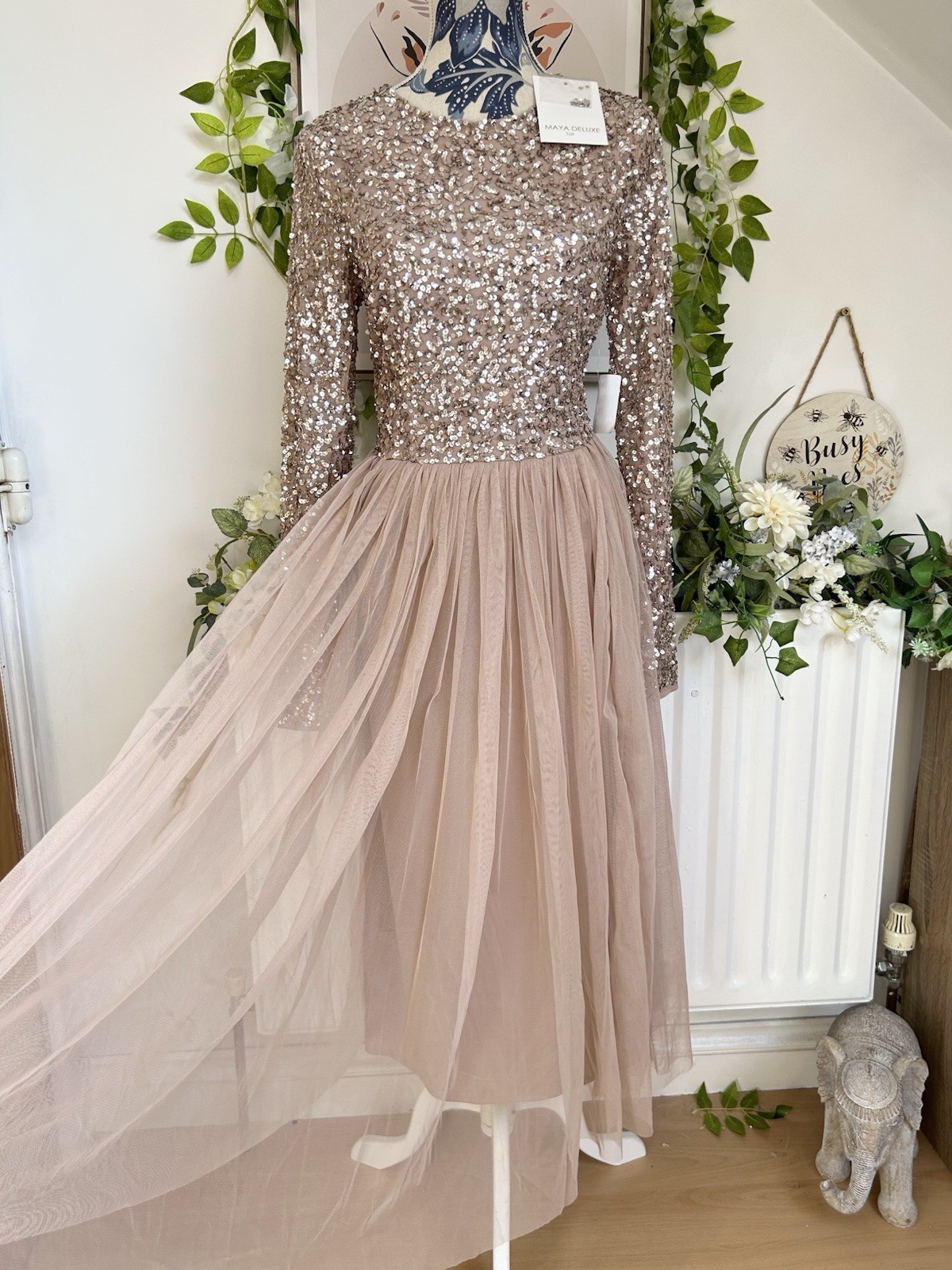 Maxi Vestido Maya Deluxe Alto Lentejuelas Midi Reino Unido 12 Taupe Rubor Rosa Dama de honor Nuevo con Etiquetas