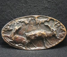 XA25148 VINTAGE 1975  ELK PAIR  ANIMAL NATURE ARTWORK BRASS BELT BUCKLE