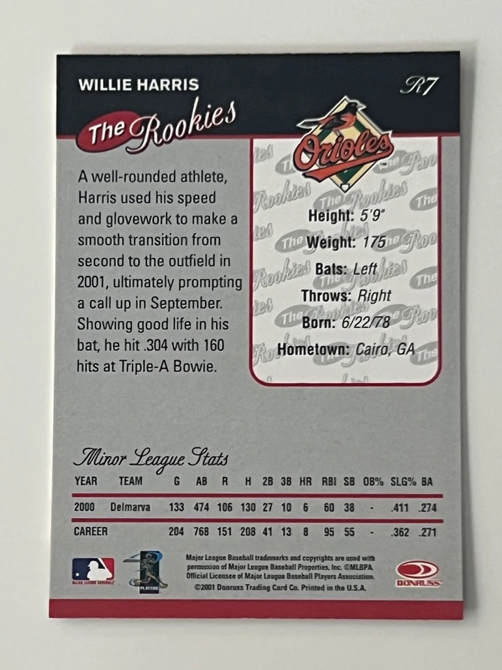 2001 Donruss The Rookies - Willie Harris #R7 (RC) NR-MT+ - Image 2 of 2