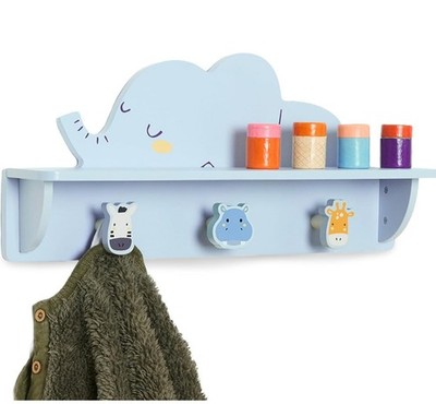 Twig & Leaf Wall Shelf for Kids Room with Shelf and 3 Hooks Made of Solid Wood,