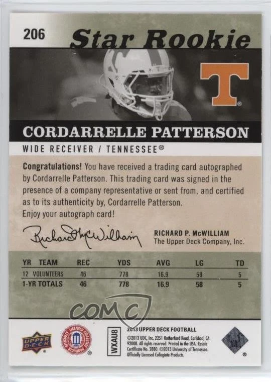 2013 Upper Deck Star Rookie Auto Cordarrelle Patterson #206 Rookie Auto RC - Image 2 of 2