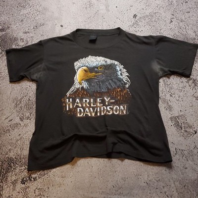 Vintage 80s Harley Davidson 3D Emblem Shirt Sz L Black Eagle USA