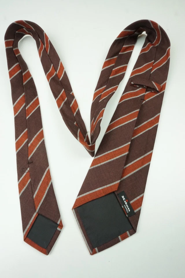 Kiton Hickory 棕色胡萝卜橙色条纹 100% 羊毛七折领带 意大利 全新 — 第 4/4 张图片