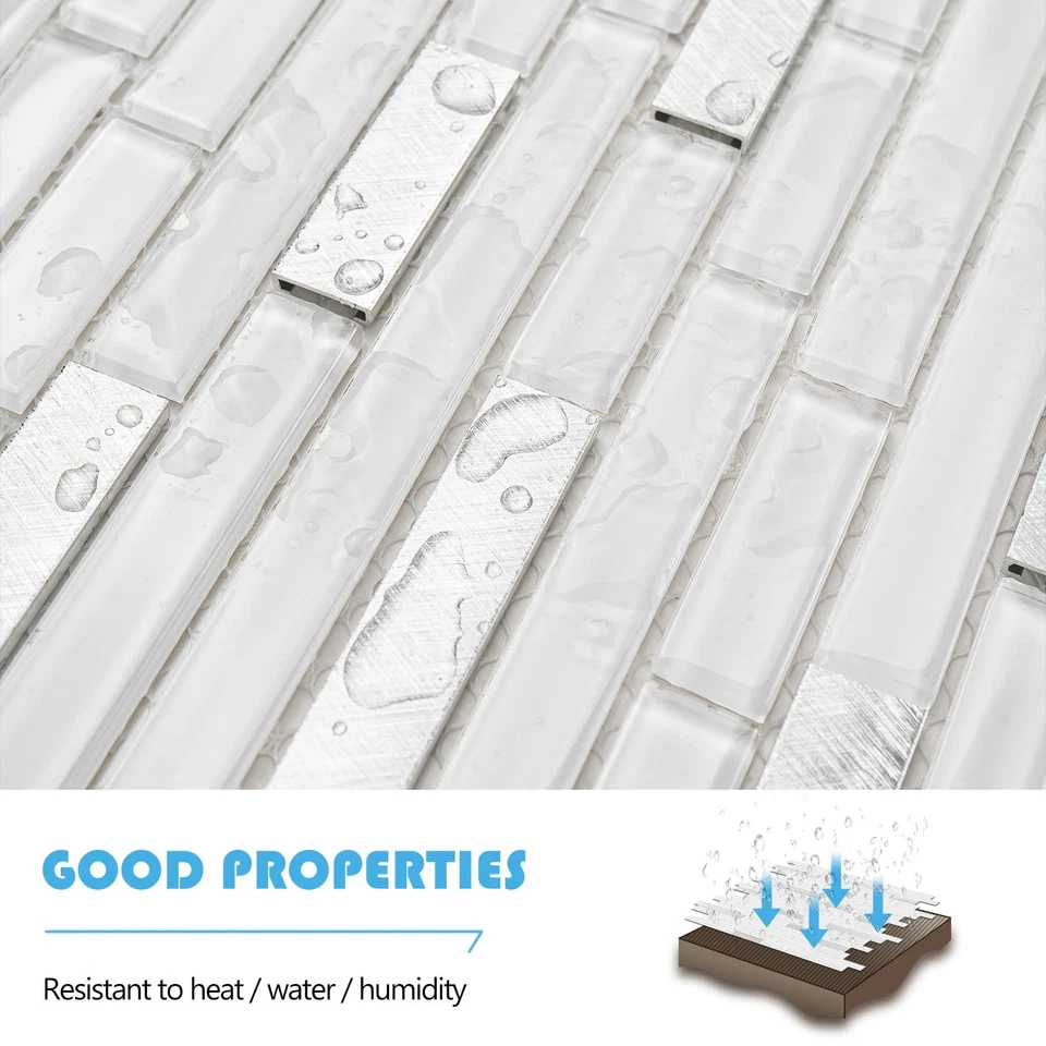 Azulejos de salpicadero de vidrio de 5 hojas, salpicadero de mosaico de vidrio blanco de 5 pies cuadrados S... Foto 2 de 4