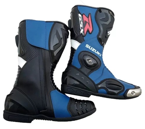 SUZUKI GSXR Motorbike Mens Leather Boots Motorcycle Racing Leather Riding Boots - Picture 2 of 3