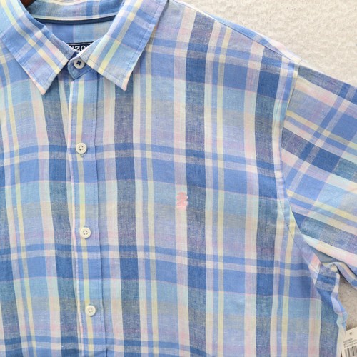 Izod Shirt Men's Large Blue Pink Linen Blend Plaid Madras Vacation Preppy Costal - Picture 4 of 9