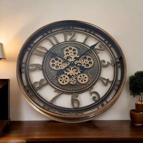 Premium Black-Gold 55cm Moving Gears Roman Numerals Wall Clock for Living Room - Picture 7 of 7