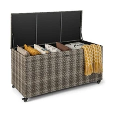 96Gallon Patio Outdoor Garden Storage Deck Box Rattan Wicker w/4 Wheels & Brakes