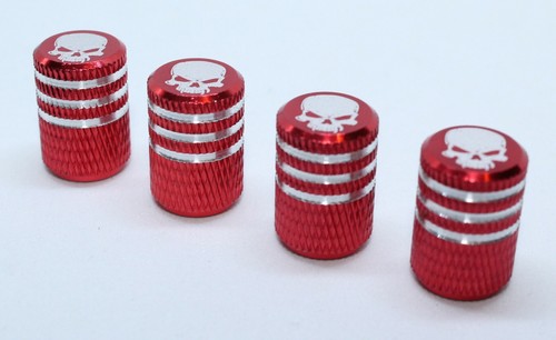 Pack of 4 Red Custom Aluminium Valve Caps Dust Caps with Skull Brand New - Picture 2 of 2