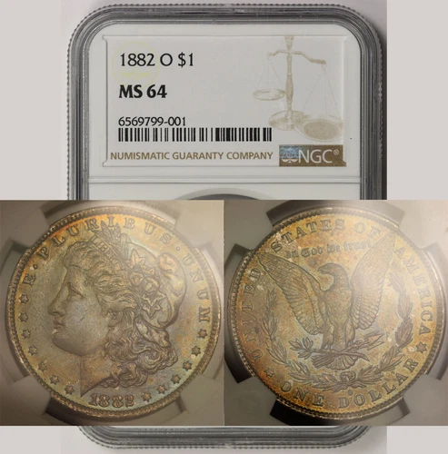 1882 O MORGAN DOLLAR NGC MS64 VAM 17B RAINBOW TONED Clashed Obv. st, Die Break U