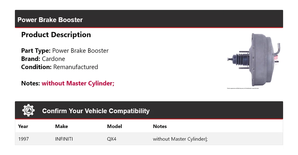 Para Infiniti QX4 1997 Power Brake Booster Cardone Foto 2 de 4