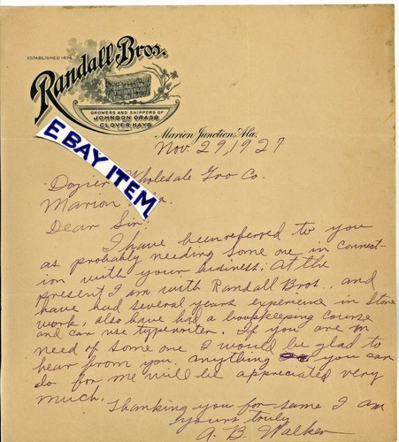 1927 LETTERHEAD Marion Junction Alabama RANDALL BROS grass clover hay A B WALKER - 第 1/1 張圖片