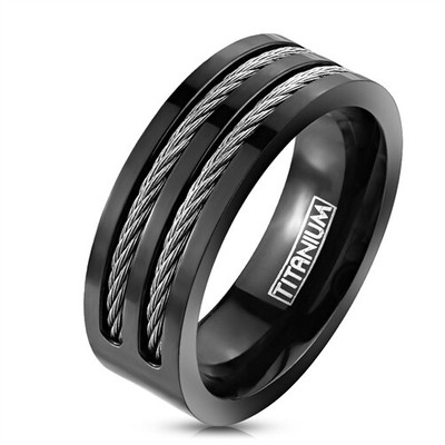 Herren Ring Herrenring Titanium Titan Stahlseil Wire Inlays schwarz  black