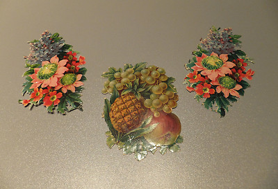 Stammbuchbilder Glanzbilder Oblaten   1x Obst 2x Blumen Sträuße   TOP-Zustand