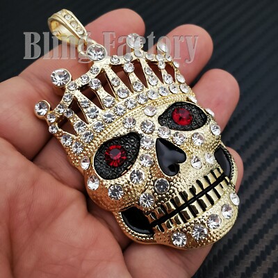 HIP HOP ICED 14K GOLD PLATED CUBIC ZIRCONIA RAPPER'S LARGE CROWED SKULL PENDANT