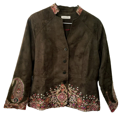 Coldwater Creek Brown W/Pink Embroidered Floral Paisley Jacket, Size Petite 14