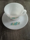 Vintage Fire King Bonnie Blue Carnation Flower Coffee Tea Cup & Saucer Set