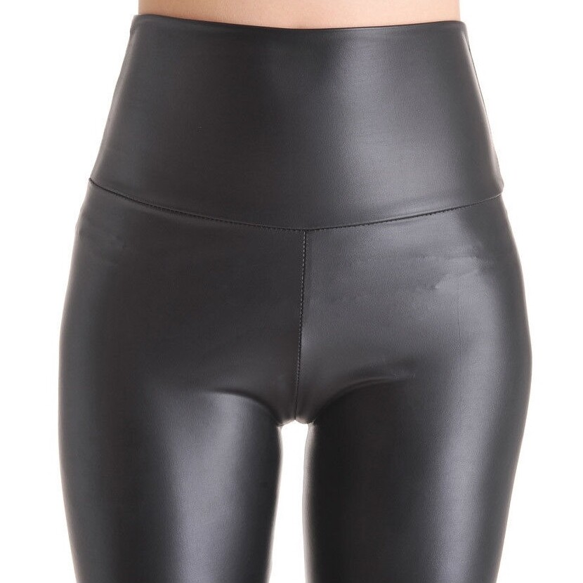 Black wet look leggings HIGH WAIST faux leather ladies stretch pant PVC