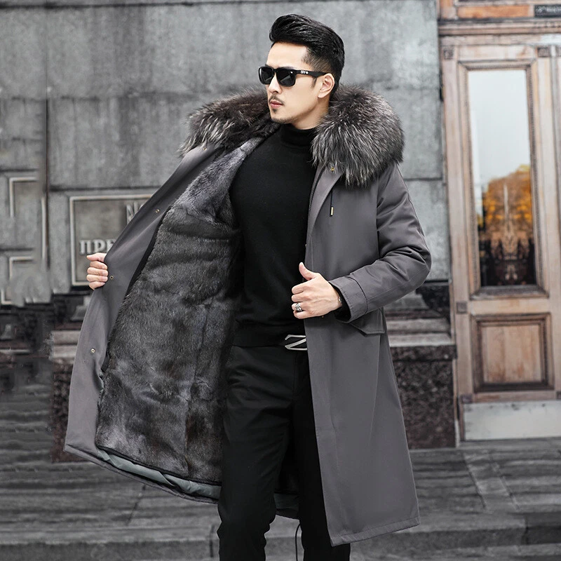 Mens Genuine Fox Fur 100% Real Mink Fur Lining Overcoat Hooded Parka Warm Jacket - Image 2 of 4