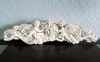 Cherub/Angel Fruit Basket 3D Wall Hanging 21 x 6 Vtg Wang Int'l Cream Color READ