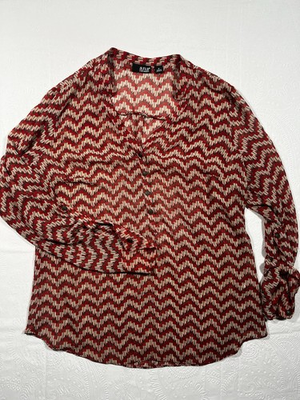 #ad a. n. a. sz M Blouse Orange Tan Print 1 2 Button Long Sleeve V neck Semi Sheer $18.00
