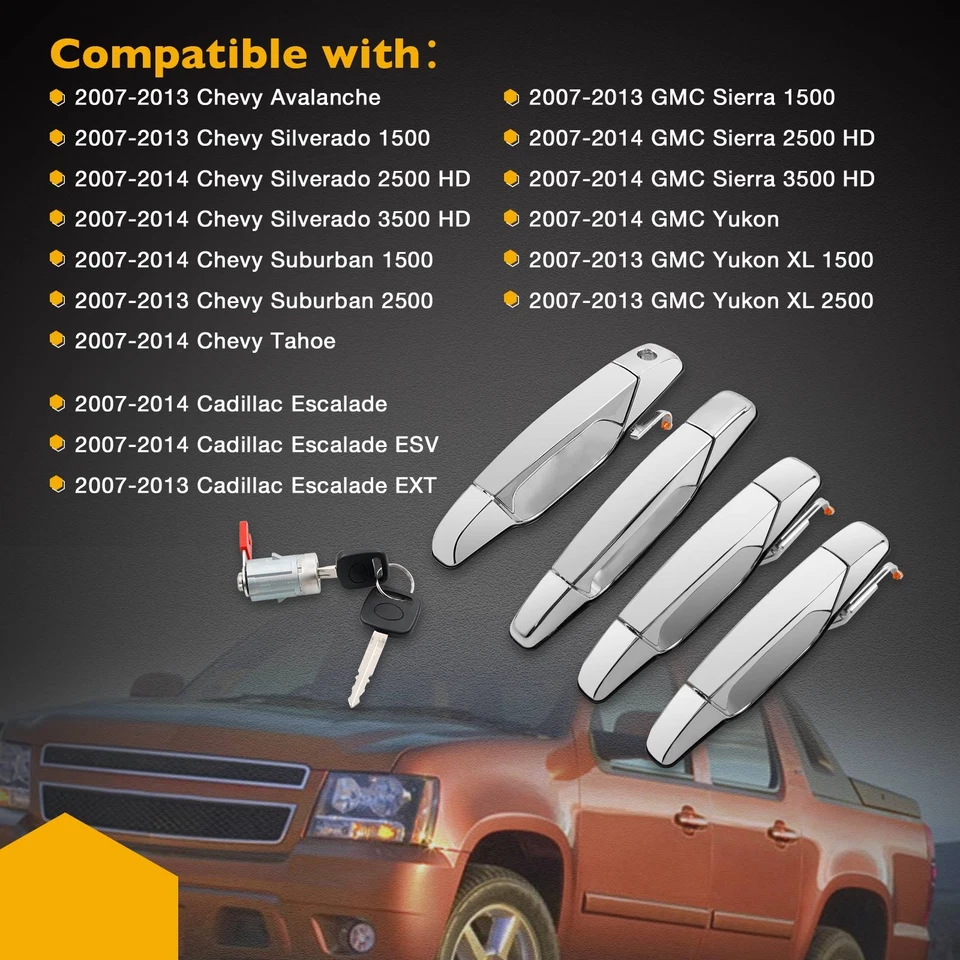 4Pcs Exterior Door Handle w/ Lock Cylinder and Keys For 07-14 Chevy GMC Cadillac - Image 2 of 4