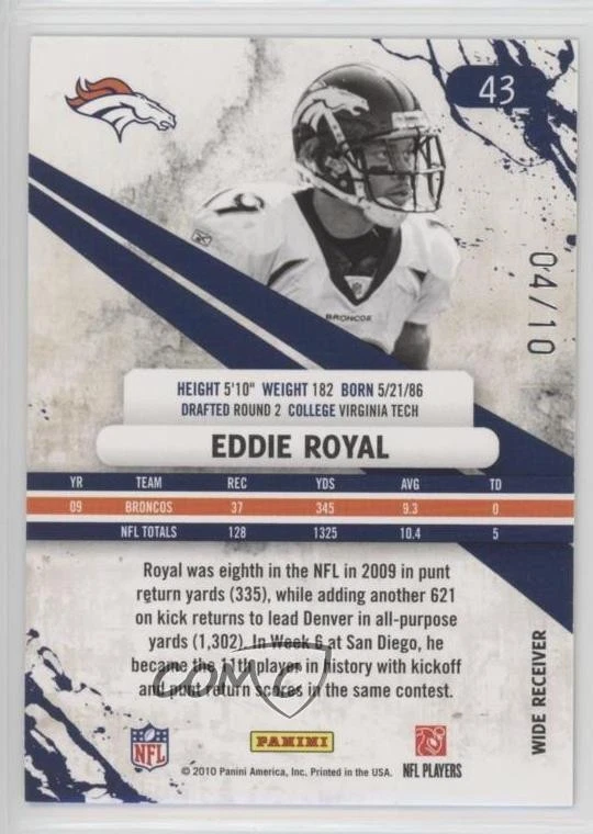 2010 Panini Rookies & Stars Longevity Emerald /10 Eddie Royal #43 - Image 2 of 2