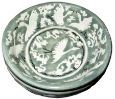 WAX RESIST POTTERY BOWL WITH CRANES, BIRDS, ARTIST SIGNED SUE LANG, HERONS,BIRD