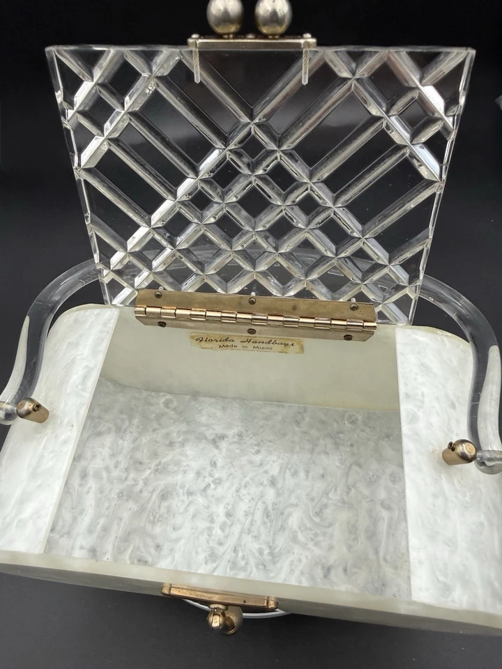 Vintage 1950s Lucite Box Purse Gold Accents Pearlized It’s A Beauty - Image 2 of 4
