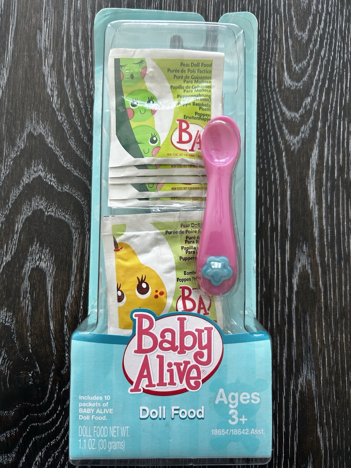 Baby Alive Doll Food Set 10 Packets Peas And Pears 1.1 oz with spoon Vtg
