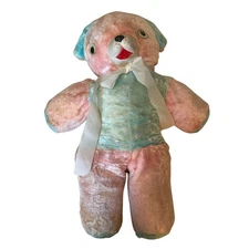 Vintage 1950s Rushton Pink Blue Plush Bear 24" Rubber Face Musical Toy Rare