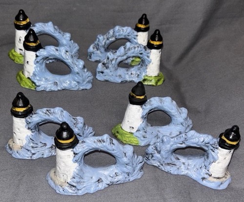 Vintage Lighthouse Napkin Rings Ceramic Blue Set of 8 - Picture 2 of 13