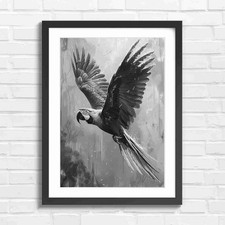 Vibrant Blue And Yellow Parrot Wings Black & White Framed Wall Art Print Large