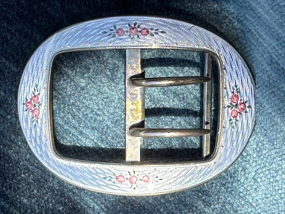 HERMOSA hebilla de cinturón esmaltada guilloche de plata 925 vintage, rosas pintadas a mano. Foto 3 de 4