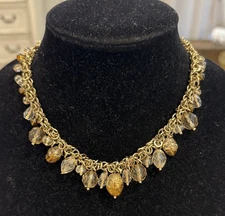 Vintage Gold Tone Brown Clear Beaded Choker Collar Statement Necklace