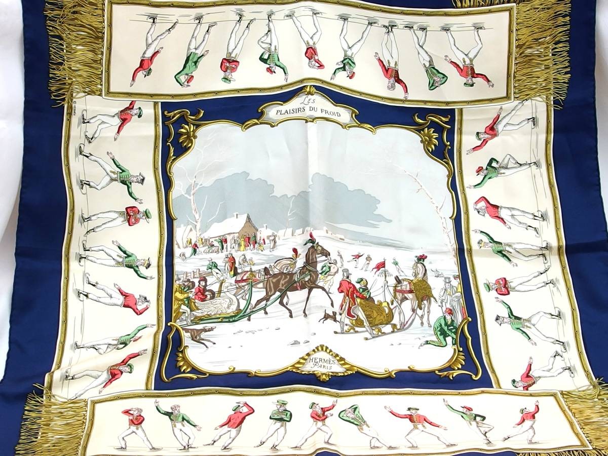 HERMES Carr 90 Joy on Ice Silk Scarf Blue B5979 Luxurious Elegance