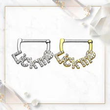 Nipple Clicker Ring Crystal paved 'Lick me" surgical steel 14 Gauge Sold as pair