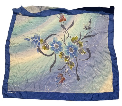 Silky Square Scarf 33.5”x 35” Blue Floral Malaysia-Made Hand Painted Beautiful - Picture 3 of 11