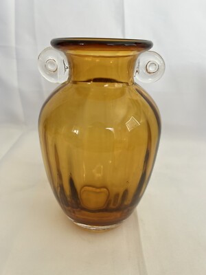 MCM Style Gorgeous Designs Optic Glass Amber w Clear Applied Handle Round Vase
