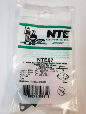 NTE87 T-NPN, Si, HIGH POWER AUDIO, DISK HEAD POSITIONER FOR LINEAR APPLICATIONS