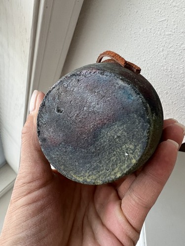 RAKU POTTERY VASE Handmade in Arizona 5" Tall | Leather Trim - Picture 7 of 9